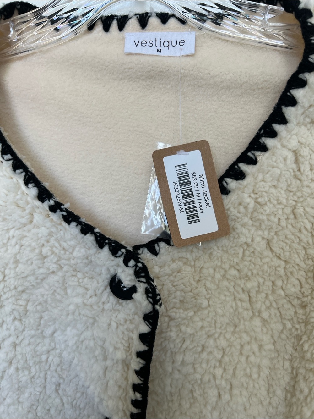 Vestique Cream Sherpa Button-Front Jacket with Black Trim - Picture 5 of 6